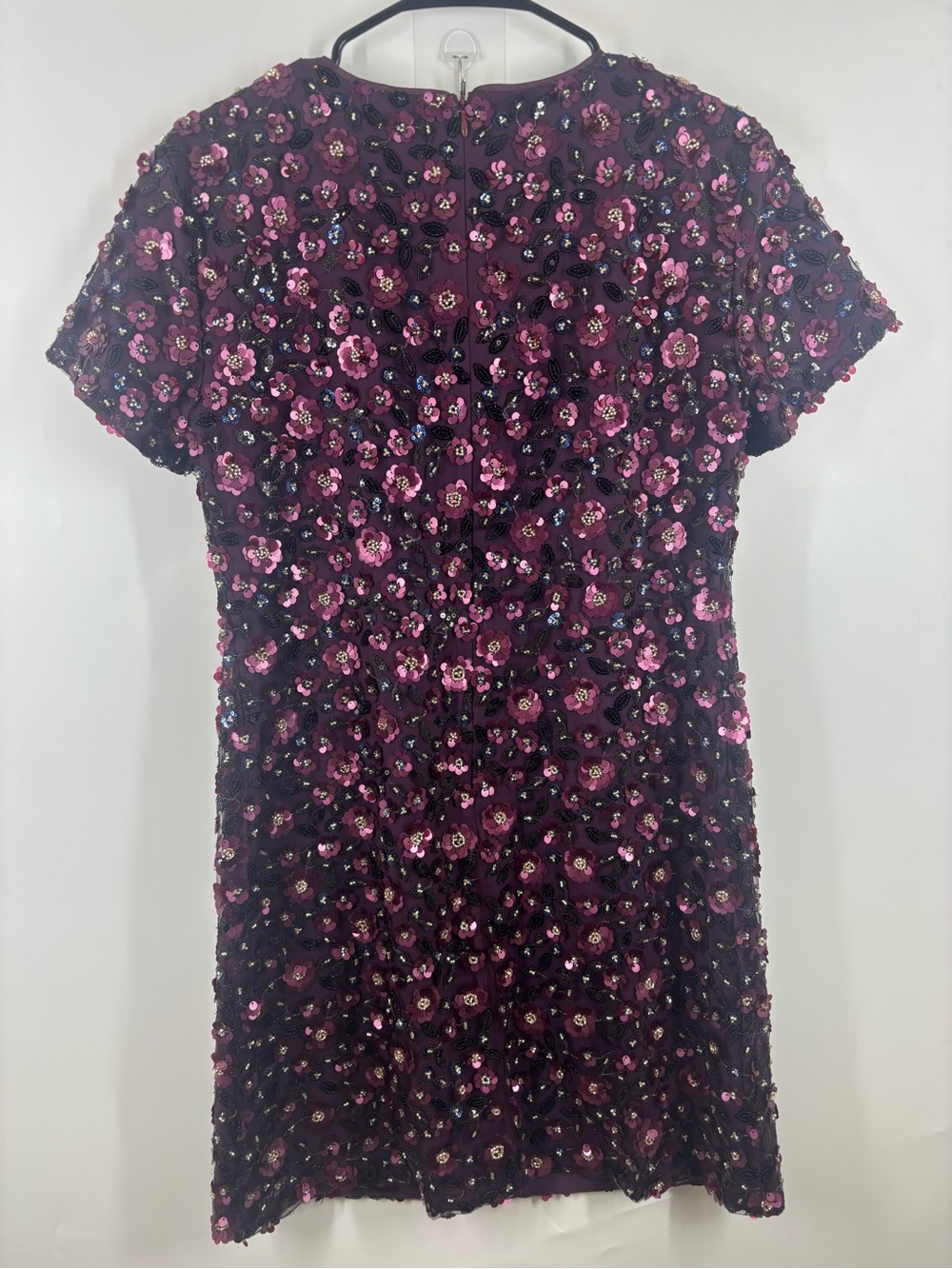 Ann Taylor Sequin Shift Floral Beaded Cocktail Dress Burgundy Silver Black 8 - Picture 4 of 4